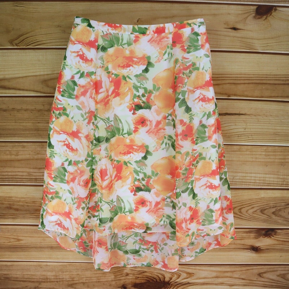 Cato Hi-Low Skirt Lined Womens Size 16 White Orange Green Floral Polyester Zip